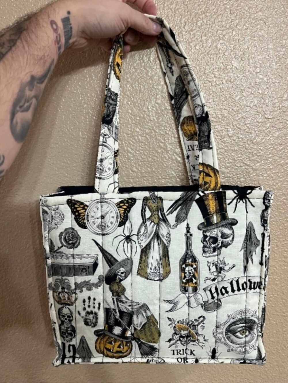 Halloween Graphic Tote Bag in Black, White & Gold